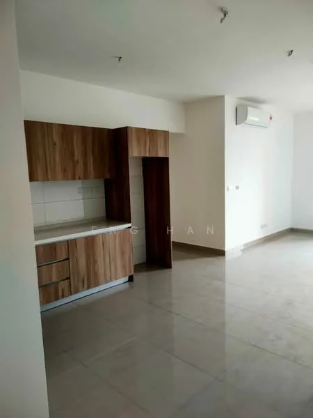 Kitchen features: wood cabinetry with a natural finish, white tiled backsplash, single-bowl stainless-steel sink, chrome pull-down faucet, countertop with a light color, built-in kitchen cabinet, wall-mounted split AC, ceramic tile flooring, recessed ceiling lights; style: modern.
