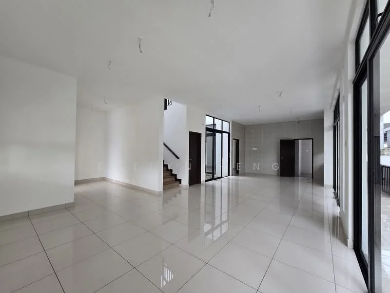 Room features: white painted walls, glossy tile flooring, large windows, staircase, open layout, high ceiling, recessed lighting, no visible furniture; style: modern.