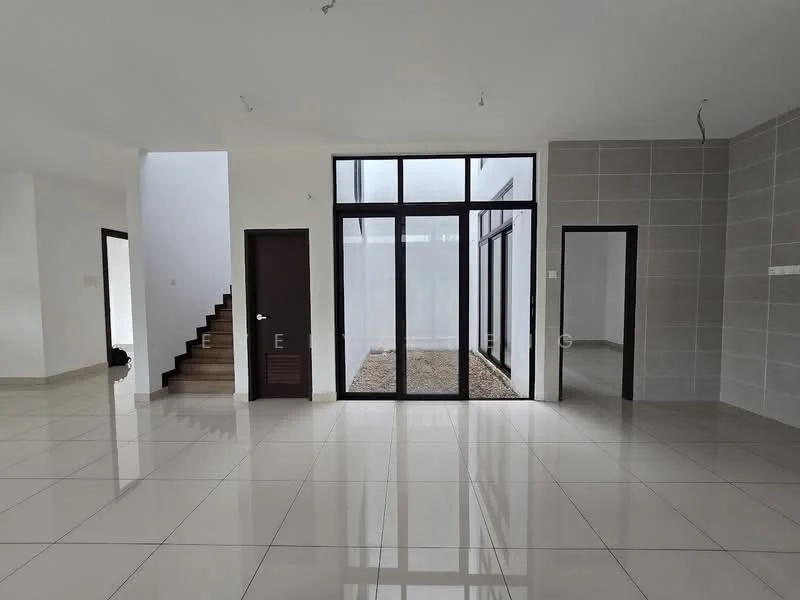 Room features: white painted walls, grey tiled accent wall, polished ceramic tile flooring, large floor-to-ceiling windows, glass door leading to outdoor area, staircase with wooden steps, minimalist design, natural light from courtyard; style: modern; view: courtyard.