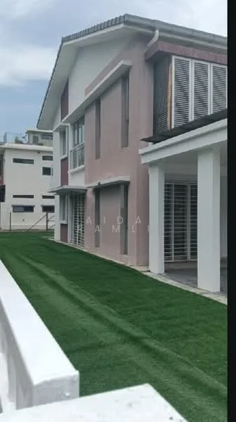 Exterior type: detached bungalow; features: pink painted facade, white trim, flat roof, manicured lawn, landscaped garden, multiple windows with shutters, covered porch, two-storey structure; style: modern.