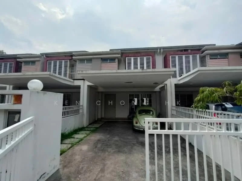 Exterior type: linked terrace house; features: two-storey building, white painted facade, pink accent walls, recessed balconies, sliding glass doors, front porch area, manicured lawn, paved walkway, car parking space, fence with gate; style: modern.