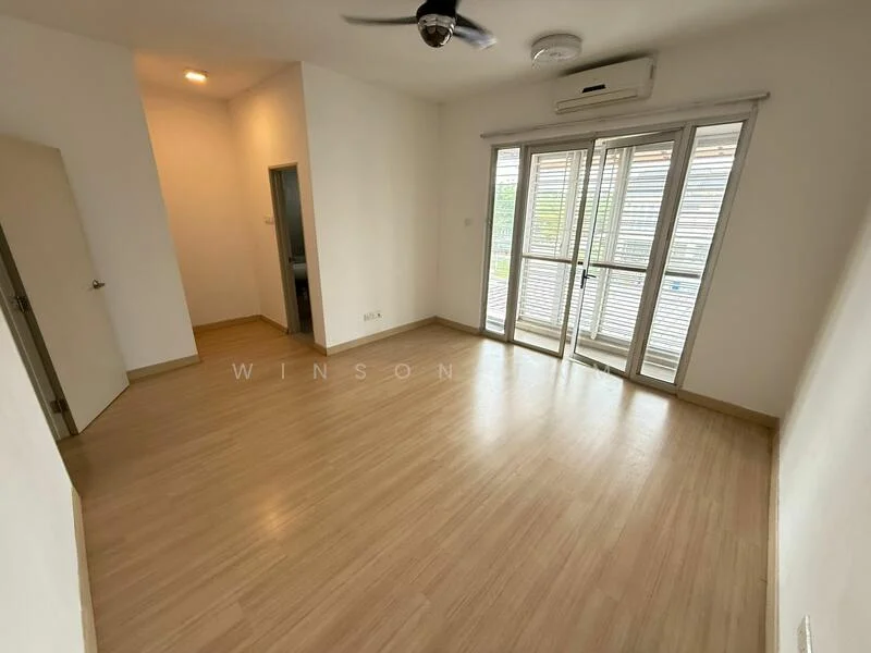 Living features: laminate flooring, white painted walls, 5-blade ceiling fan, wall-mounted split AC, floor-to-ceiling sliding glass doors, window with blinds, natural light from windows, open layout; style: modern; view: garden. Room features: white painted walls, laminate flooring, door leading to unknown room.