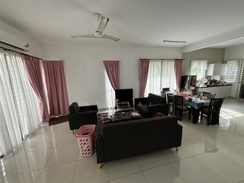 Living features: 3-seater fabric sofa in black, 2-seater fabric sofa in black, coffee table, TV console, wall-mounted TV, area rug with geometric pattern, 5-blade ceiling fan, floor-to-ceiling windows with sheer curtains, white painted walls, glossy tile flooring, dining table with chairs, basket for laundry; style: modern. Kitchen features: kitchen counter, stainless-steel sink, kitchen cabinets, microwave, refrigerator, stove, tile backsplash; style: modern.