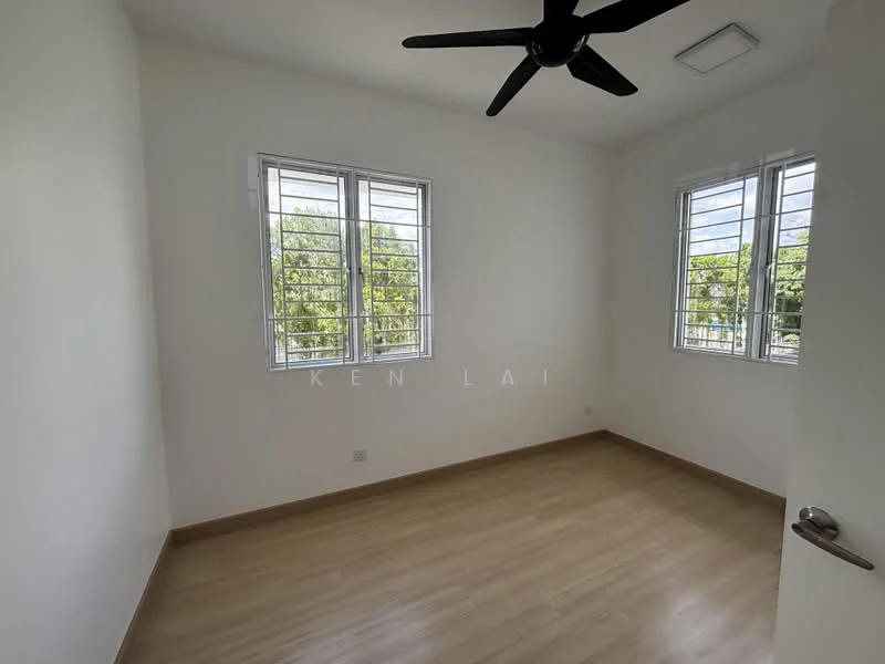 Bedroom features: white painted walls, laminate flooring, 5-blade ceiling fan, floor-to-ceiling windows, window treatments with horizontal slats, neutral decor, no visible furniture, natural light from windows; style: modern; view: garden.