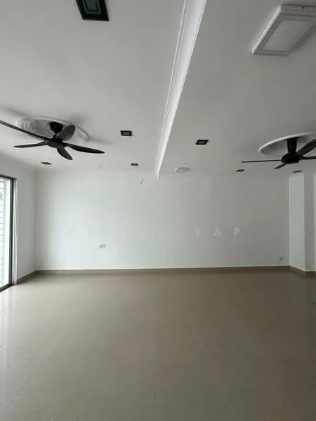 Room features: white painted walls, polished tile flooring, 2 ceiling fans, recessed downlights, sliding glass door, large windows; style: modern.