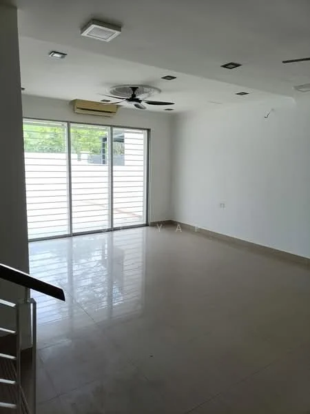 Living features: white painted walls, polished tile flooring, 5-blade ceiling fan, recessed downlights, floor-to-ceiling sliding glass door, window with horizontal slats, air conditioning unit, natural light from large windows; style: modern; view: garden.