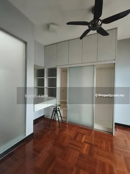 Room features: wooden flooring, white painted walls, ceiling fan, built-in wardrobe with sliding doors, open shelving, study desk, stool, natural light from glass partition; style: modern.