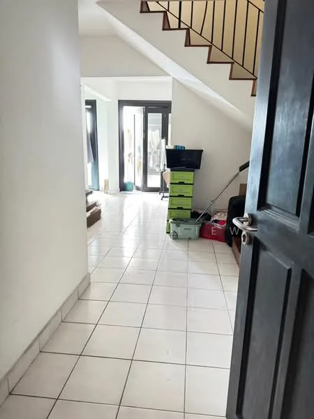 Room features: white painted walls, ceramic tile flooring, staircase with wooden railing, floor-to-ceiling windows, sliding glass door, open layout, storage boxes, furniture in the background; style: modern.