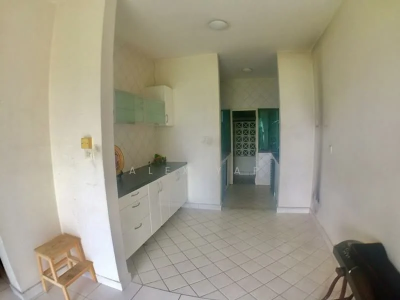 Kitchen features: white cabinetry, grey countertop, ceramic tile flooring, wall-mounted cabinets, stainless-steel sink, single-bowl sink, built-in kitchen area, open layout, neutral wall color, recessed ceiling lights; style: modern. Room features: white walls, tile flooring, doorway leading to another room.