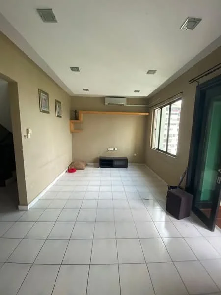 Living features: white painted walls, tile flooring, recessed downlights, floor-to-ceiling windows, sliding glass door, wooden shelf unit, TV console, air conditioning unit, decorative wall frames.