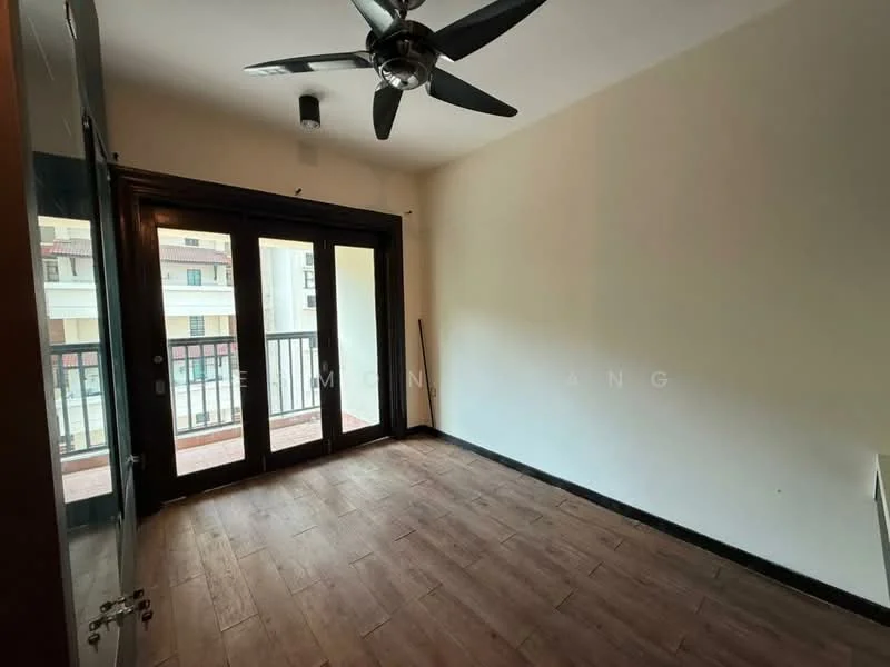 Room features: wooden flooring, white painted walls, ceiling fan, sliding glass door, balcony access, black window frames, natural light from balcony, no visible furniture; style: modern.