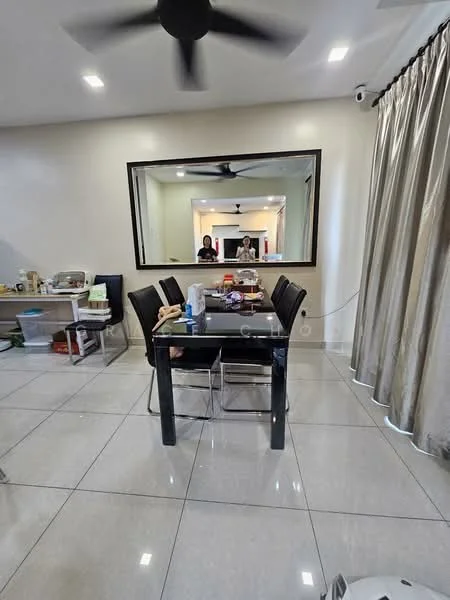 Dining features: black dining table, six black dining chairs, large mirror on wall, recessed LED downlights, grey tiled flooring, ceiling fan, curtains, decorative items on table; style: modern.