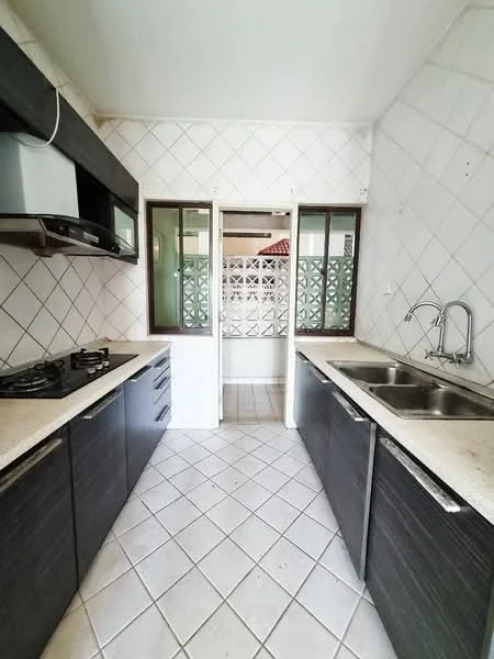 Kitchen features: black cabinetry, white countertop, double-bowl stainless-steel sink, chrome pull-down faucet, 4-burner gas hob, built-in microwave, tile backsplash, ceramic tile flooring, windows with green lattice design, doorway leading to utility area; style: modern.