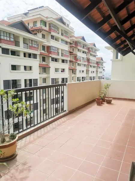 Room features: terracotta tile flooring, balcony railing, potted plants, overhead roof with wooden beams, view of neighboring buildings, open space, sunlight exposure; style: modern; view: city.