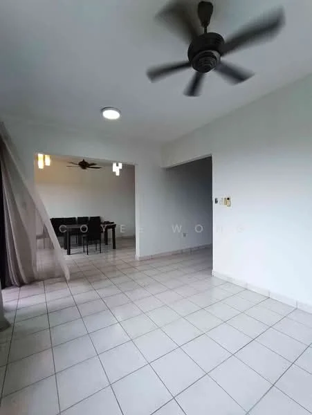Living features: white painted walls, ceramic tile flooring, 5-blade ceiling fan, recessed ceiling light, large window with sheer curtains, open layout to dining area; style: modern.