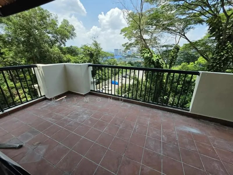 Room features: terracotta tile flooring, black metal railing, greenery view, city skyline view, outdoor space, partially covered area, surrounded by trees; view: city.