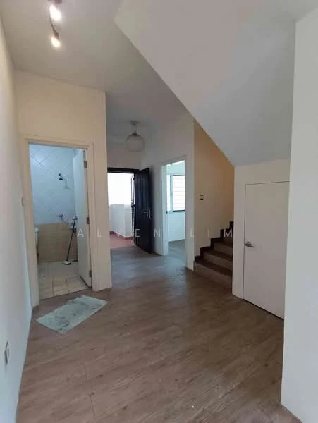 Room features: wooden flooring, white painted walls, staircase, door leading to another room, door leading to bathroom, light fixture on ceiling, window with natural light, tile flooring in bathroom area; style: modern.