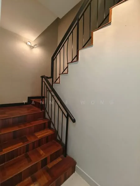Room features: wooden staircase, metal railing, light fixture on wall, cream painted walls, dark wood flooring, stair treads with wood finish; style: modern.