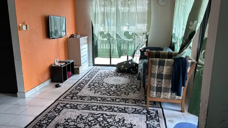 Living features: orange painted accent wall, light green sheer curtains, floor-to-ceiling windows, 2-seater fabric sofa, armchair with plaid pattern, coffee table, area rug with intricate pattern, TV mounted on wall, white dresser, tile flooring; style: modern.