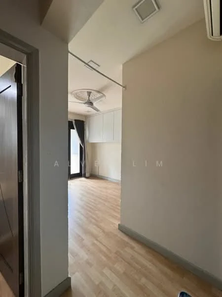 Room features: light wood laminate flooring, white painted walls, ceiling fan, sliding glass door, window with sheer curtains, built-in cabinets, recessed ceiling lights; style: modern.