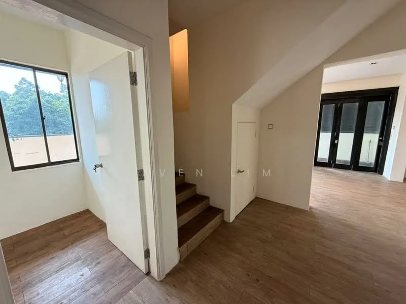 Room features: wood-look laminate flooring, white painted walls, staircase leading to upper level, window with view of greenery, door leading to another room, small closet or storage space, natural light from window; style: modern; view: garden.
