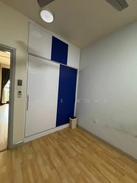 Room features: light wood laminate flooring, white walls, blue accent wall, built-in wardrobe with sliding doors, ceiling light fixture, window with curtain, trash bin; style: modern.