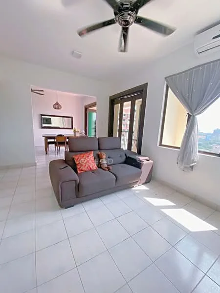 Living features: 3-seater fabric sofa in grey, decorative cushions, ceiling fan with light, floor-to-ceiling windows, white painted walls, tile flooring, air conditioning unit, natural light from windows, curtains, coffee table, decorative items on sofa; style: modern; view: city. Dining features: dining table with chairs, wall-mounted mirror, white painted walls, tile flooring, natural light from windows; style: modern; view: city.