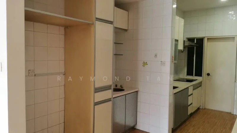 Kitchen features: white tiled walls, laminate flooring, built-in cabinetry, stainless-steel sink, single-bowl sink, chrome faucet, countertop with storage, kitchen appliances visible, open shelving, door leading to another room; style: modern.