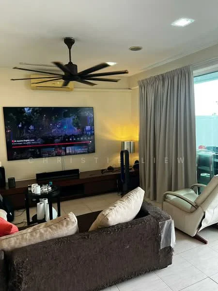 Living features: 3-seater fabric sofa in beige, 2-seater armchair in white, coffee table, TV console, wall-mounted TV, 5-blade ceiling fan with light, curtains, floor-to-ceiling windows, tile flooring, decorative lamp, air conditioning unit; style: modern; view: city.