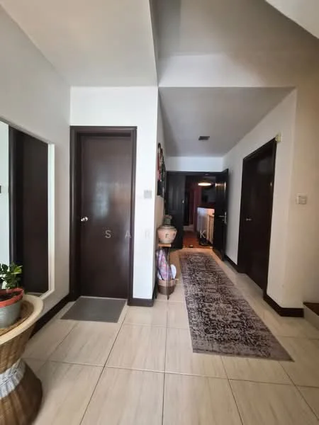 Hallway features: white painted walls, tile flooring, decorative area rug, wooden doors, mirror, indoor plant in ceramic pot, ceiling light fixture; style: modern.