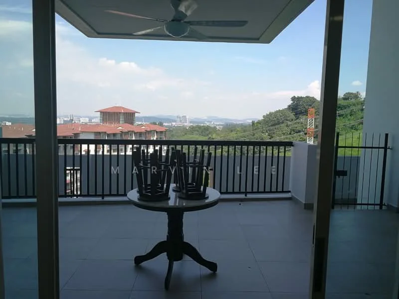 Room features: sliding glass door, floor-to-ceiling windows, ceiling fan, table with four chairs, tile flooring, balcony railing, view of city skyline, view of greenery; style: modern; view: city.