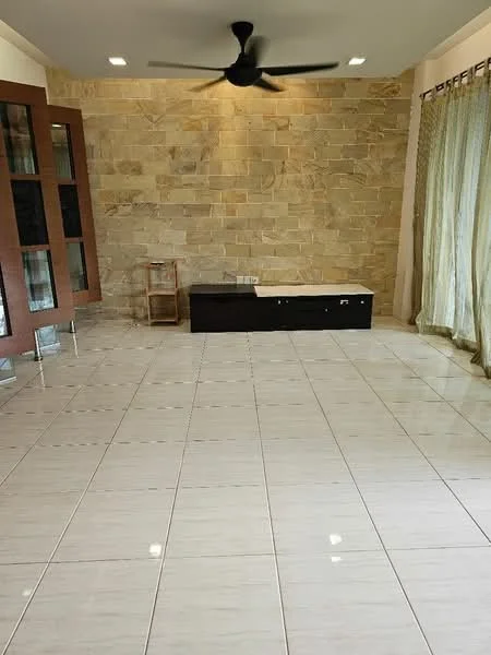 Living features: cream painted walls, stone accent wall, large floor tiles, ceiling fan, recessed downlights, large windows with sheer curtains, dark wood TV console, wooden shelving unit; style: modern.