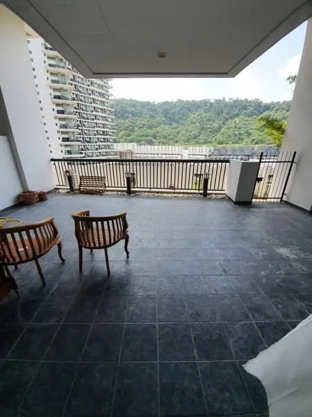 Room features: large balcony, black tile flooring, metal railing, view of greenery, two wooden chairs, outdoor space, partially covered area, adjacent to building; view: garden.