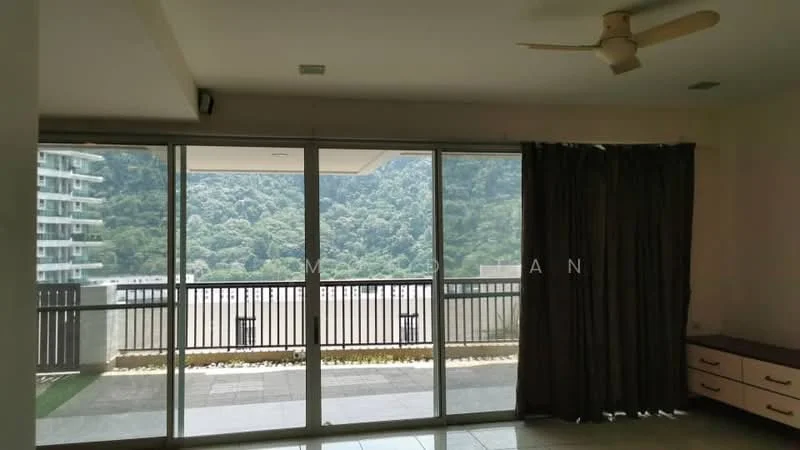 Living features: floor-to-ceiling windows, sliding glass door, curtains, ceiling fan, wall-mounted cabinets, tile flooring, mountain view, open layout; style: modern; view: mountain.
