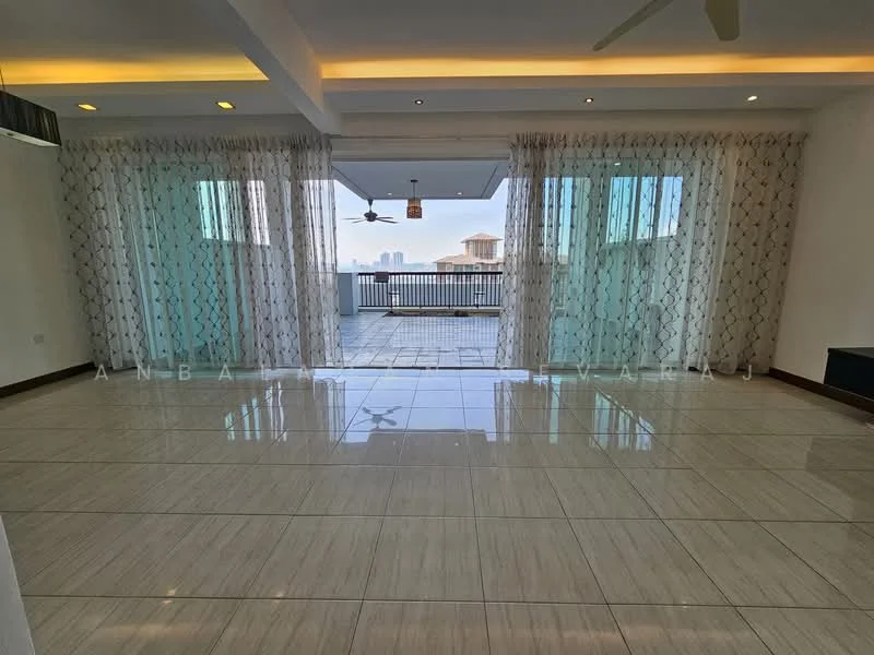 Living features: large floor-to-ceiling windows, sliding glass door, white painted walls, recessed downlights, 5-blade ceiling fan, glossy ceramic tile flooring, sheer curtains, open layout, access to balcony, city view; style: modern; view: city.