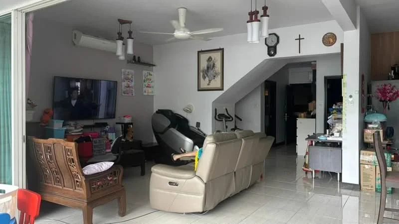 Living features: 3-seater leather sofa in beige, coffee table, wall-mounted TV, ceiling fan, recessed downlights, decorative wall cross, framed artwork, tile flooring, open layout to dining area, exercise equipment, wooden armchair, large sliding glass door, curtains, wall-mounted shelves; style: modern.