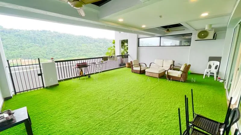 Room features: artificial grass flooring, outdoor seating area with rattan chairs, sofa set, ceiling fan, glass railing, mountain view, outdoor dining table, barbecue grill, air conditioning unit; style: modern; view: mountain.