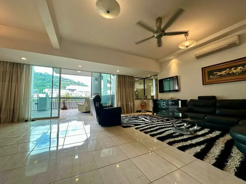 Living features: large floor-to-ceiling windows, sliding glass door, cream painted walls, white ceiling, 5-blade ceiling fan with light, recessed downlights, black leather sectional sofa, blue accent chair, coffee table, TV console, wall-mounted TV, area rug with zebra pattern, marble tile flooring, curtains, decorative artwork; style: modern; view: city.