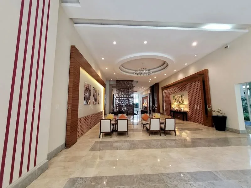 Room features: marble flooring, high ceiling with recessed lighting, chandelier, decorative wall panels, wooden accent wall, striped wall design, seating area with armchairs, artwork on walls, large windows, indoor plants, open layout; style: modern.