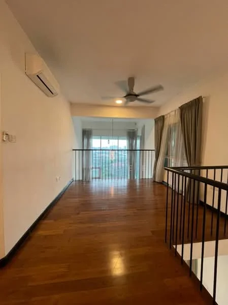 Room features: wooden flooring, white painted walls, 5-blade ceiling fan, floor-to-ceiling windows, sheer curtains, balcony railing, recessed lighting, natural light from windows; style: modern; view: city.