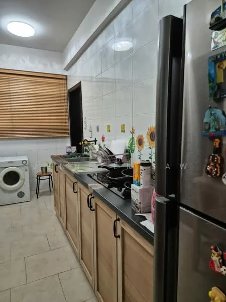 Kitchen features: wood cabinetry, black countertop, stainless-steel fridge, stainless-steel gas hob, exhaust hood, ceramic tile backsplash, white tiled walls, washing machine, window with wooden blinds, floor tiles, decorative wall stickers, single-bowl sink; style: modern.