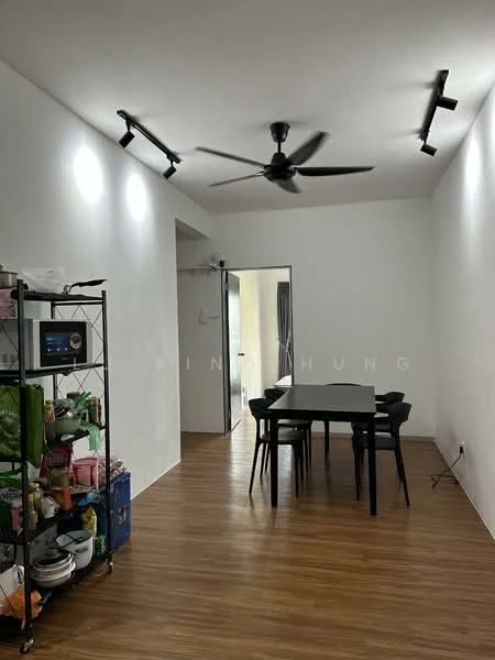Dining features: wooden flooring, white painted walls, 5-blade ceiling fan, track lighting, black dining table, black dining chairs, open shelving unit, various storage containers, doorway leading to another room; style: modern.