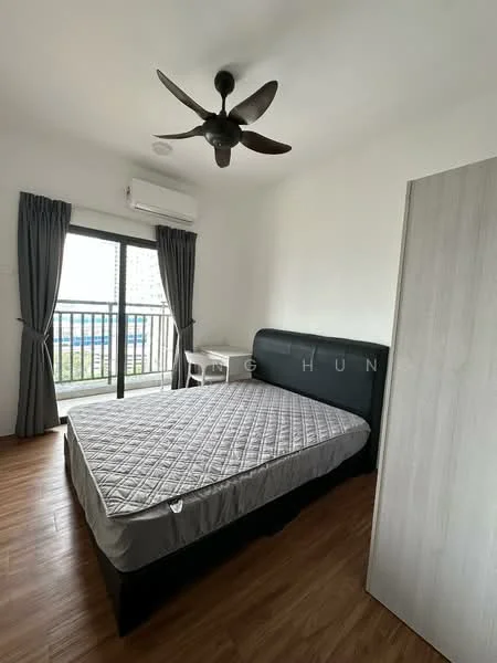 Bedroom features: queen-size bed, upholstered headboard, wooden flooring, 5-blade ceiling fan, floor-to-ceiling window, sliding glass door, sheer curtains, nightstand, air conditioning unit, built-in wardrobe; style: modern; view: city.
