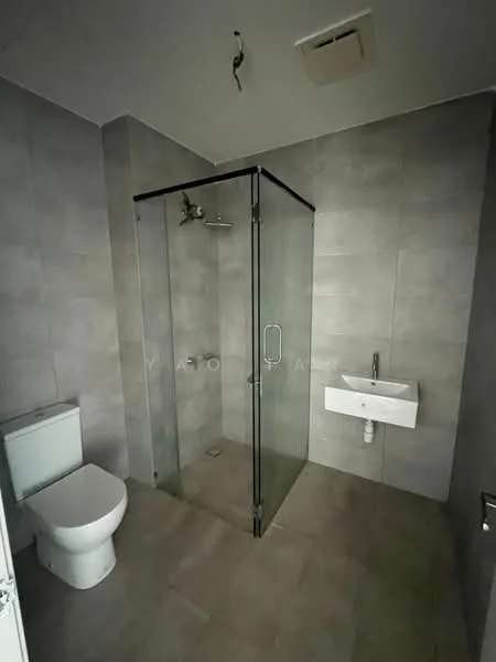 Bathroom features: glass shower enclosure, rain shower head, handheld shower, wall-mounted sink, chrome faucet, one-piece toilet, grey tile flooring, grey tile walls, exhaust fan, recessed lighting; style: modern.