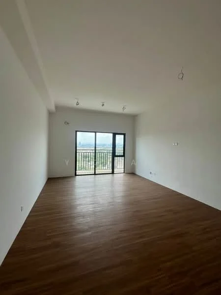 Room features: white painted walls, wooden flooring, floor-to-ceiling windows, sliding glass door, recessed downlights, 2 ceiling hooks for lighting, open layout, balcony access; style: modern; view: city.