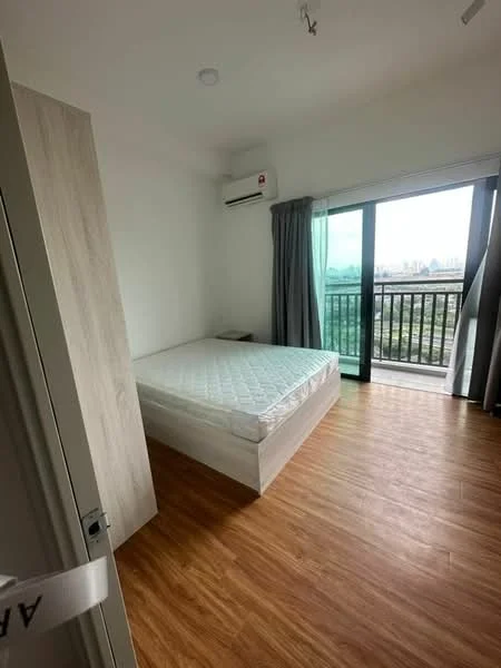 Bedroom features: queen-size bed, wooden flooring, white painted walls, floor-to-ceiling windows, curtains, wall-mounted split AC, sliding glass door, balcony view, built-in wardrobe; style: modern; view: city.