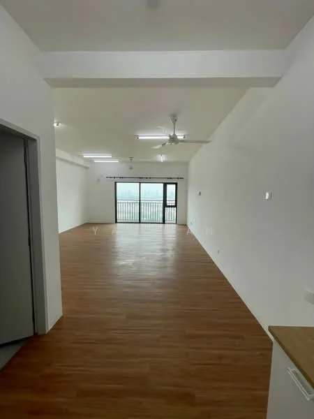 Room features: white painted walls, laminate flooring, 5-blade ceiling fan, floor-to-ceiling sliding glass door, balcony access, recessed downlights, open layout, large windows, natural light; style: modern; view: city.