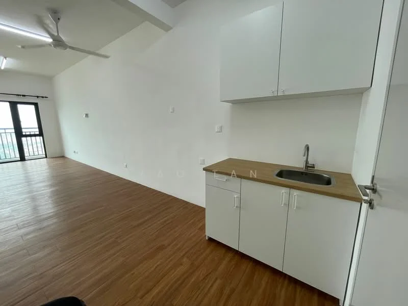 Room features: laminate wood flooring, white painted walls, single-bowl stainless-steel sink, wood countertop, white cabinetry, ceiling fan, floor-to-ceiling windows, balcony access; style: modern; view: city.