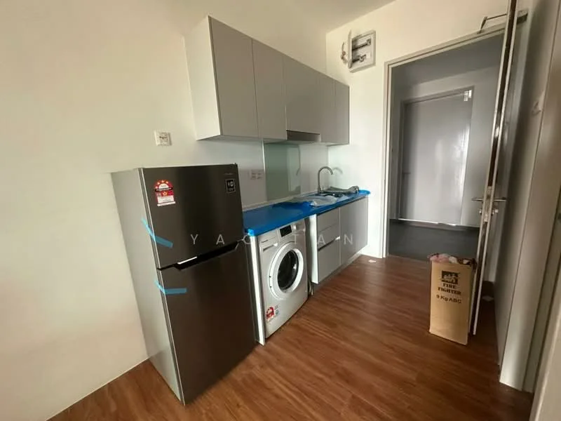 Kitchen features: stainless-steel fridge, front-load washing machine, single-bowl stainless-steel sink, chrome pull-down faucet, grey cabinetry, white backsplash, wood laminate flooring, countertop with blue protective film; style: modern.