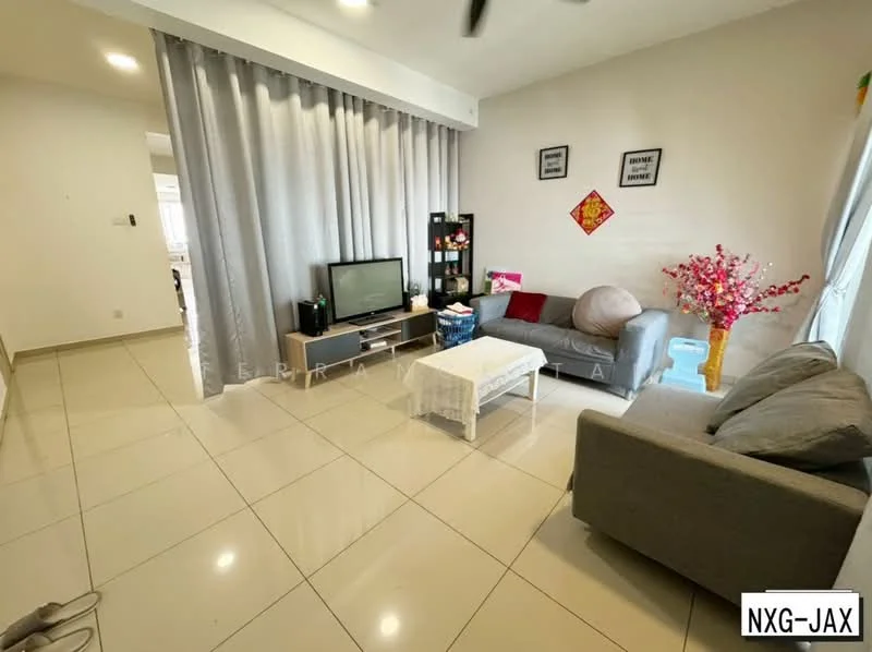 Living features: light grey fabric sofa, 3-seater sofa, white coffee table, black TV console, wall-mounted TV, decorative pink flower arrangement, grey curtains, cream painted walls, glossy tile flooring, ceiling fan, decorative wall art, shelf unit with decorative items; style: modern.